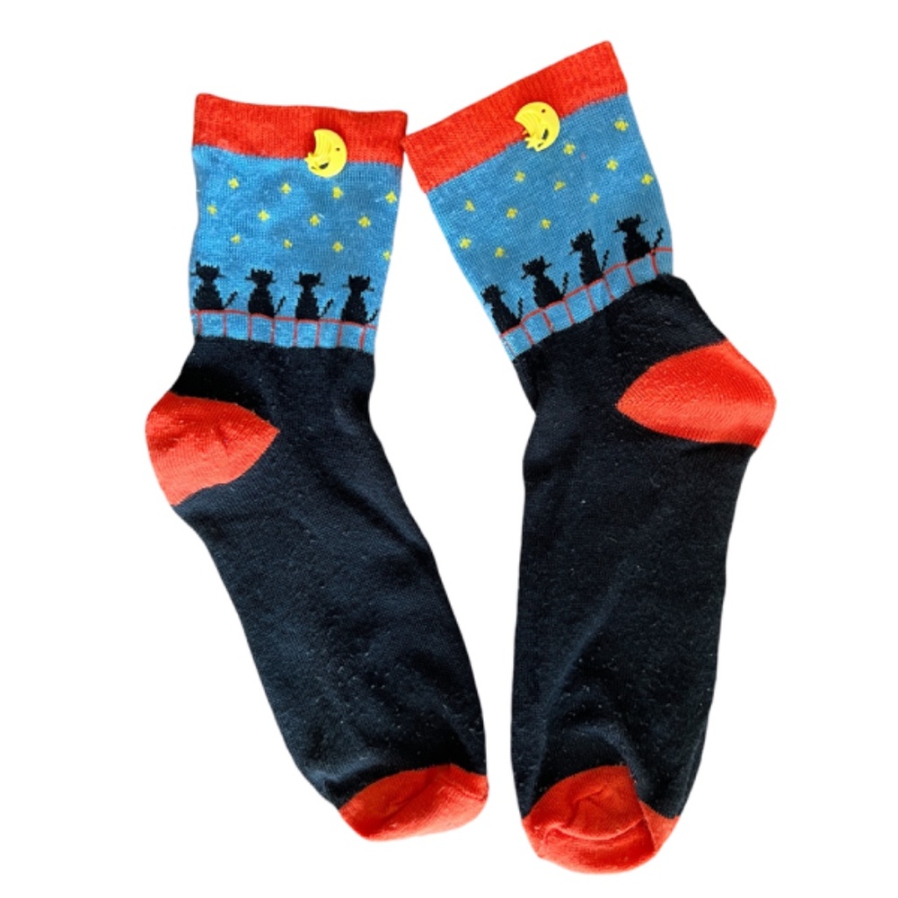 Cat Ankle Socks howling at the Moon Cotton Moon Charm orange blue black yellow